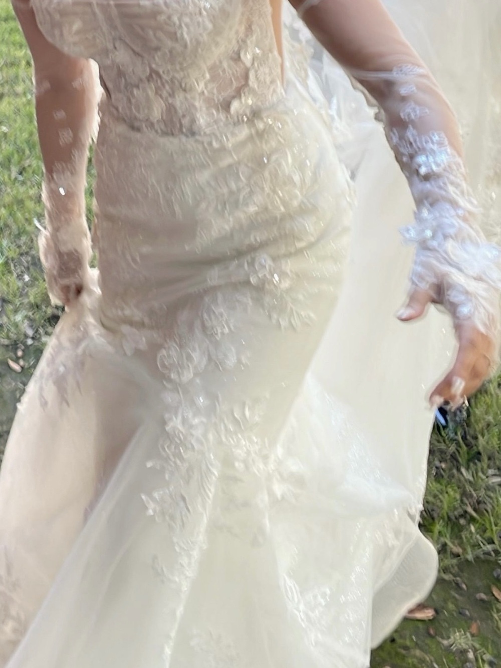 Martina Liana Ivory Lace Sheath Wedding Gown with sleeves and veil included
